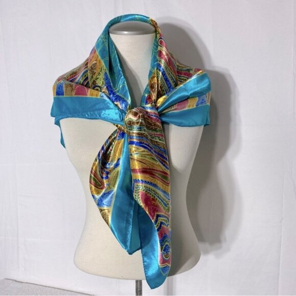 5/$25 Jiaying Blue Yellow Satin Abstract Print Square Scarf - Picture 16 of 16